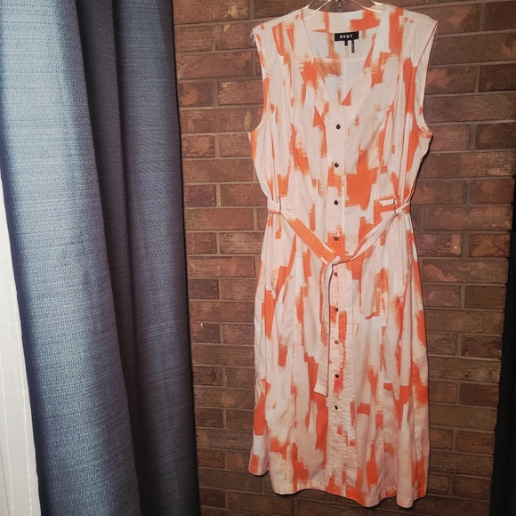 DKNY Orange/White Sleeveless Abstract V-Neck Maxi Sundress Size XL - Picture 9 of 13